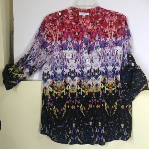 Calvin Klein Floral Oversized Boho Shirt Blouse Button RollTab Long Sleeve Top M - Picture 4 of 16